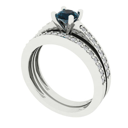 0.86 cttw Round Cut Natural London Blue Topaz Bridal Set - Solid White Gold Engagement Ring & Wedding Band
