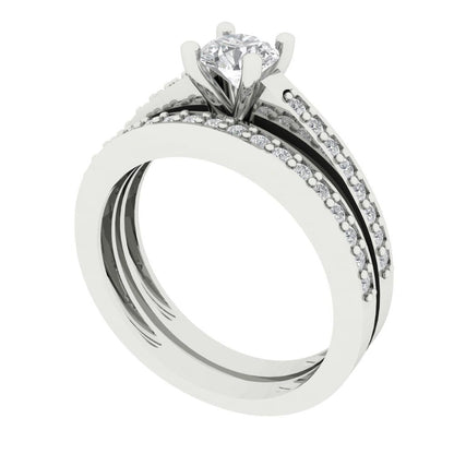 0.86 cttw Round Cut White Sapphire Bridal Set - Solid White Gold Engagement Ring & Wedding Band