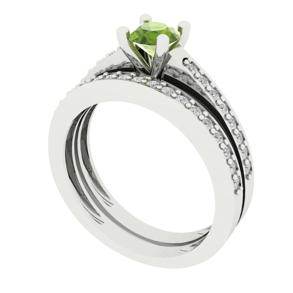 0.86 cttw Round Cut Natural Peridot Bridal Set - Solid White Gold Engagement Ring & Wedding Band