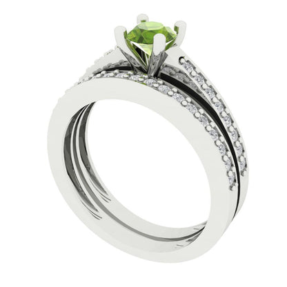 0.86 cttw Round Cut Natural Peridot Bridal Set - Solid White Gold Engagement Ring & Wedding Band