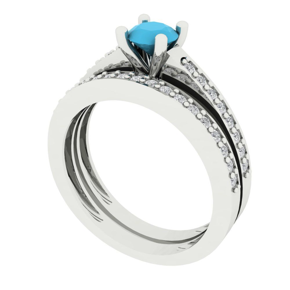 0.86 cttw Round Cut Simulated Turquoise Bridal Set - Solid White Gold Engagement Ring & Wedding Band