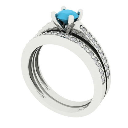 0.86 cttw Round Cut Simulated Turquoise Bridal Set - Solid White Gold Engagement Ring & Wedding Band