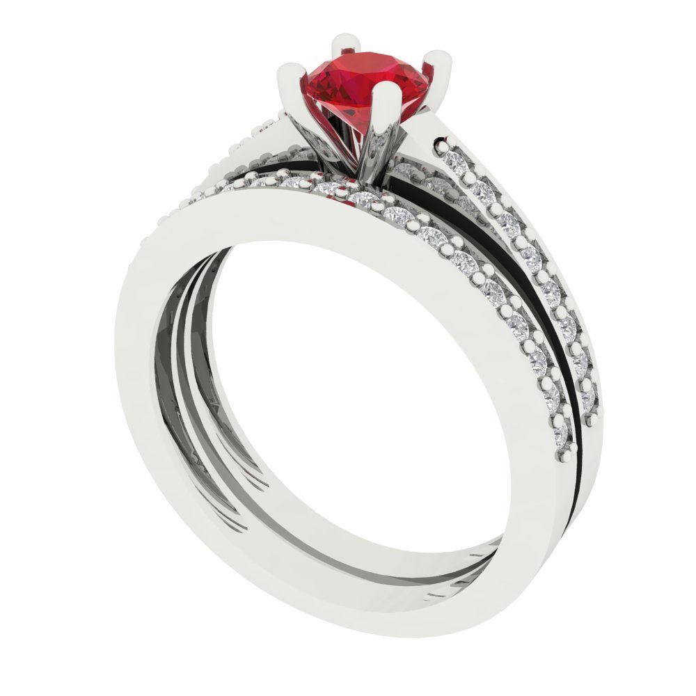 0.86 cttw Round Cut Simulated Ruby Bridal Set - Solid White Gold Engagement Ring & Wedding Band