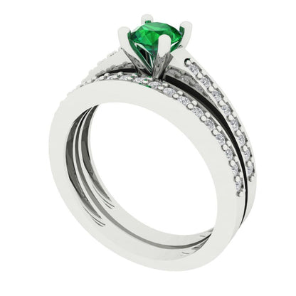 0.86 cttw Round Cut Simulated Emerald Bridal Set - Solid White Gold Engagement Ring & Wedding Band