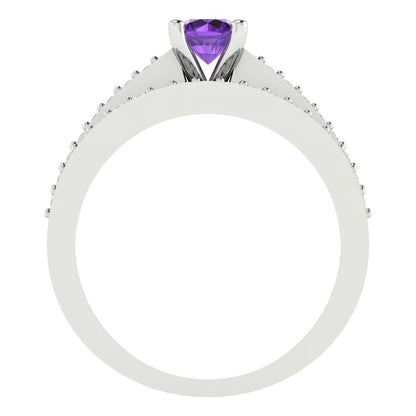 0.86 cttw Round Cut Natural Amethyst Bridal Set - Solid White Gold Engagement Ring & Wedding Band