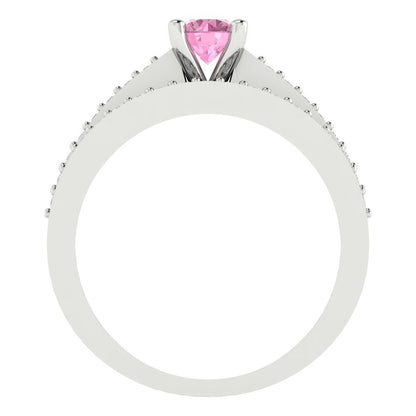 0.86 cttw Round Cut Simulated Pink Diamond Bridal Set - Solid White Gold Engagement Ring & Wedding Band