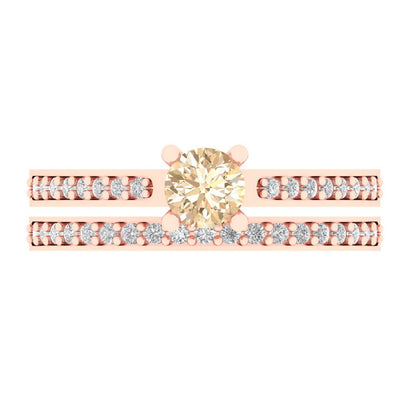 0.86 cttw Round Cut Natural Morganite Bridal Set - Solid Rose Gold Engagement Ring & Wedding Band