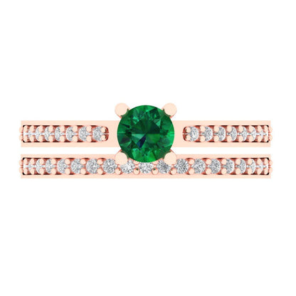 0.86 cttw Round Cut Simulated Emerald Bridal Set - Solid Rose Gold Engagement Ring & Wedding Band