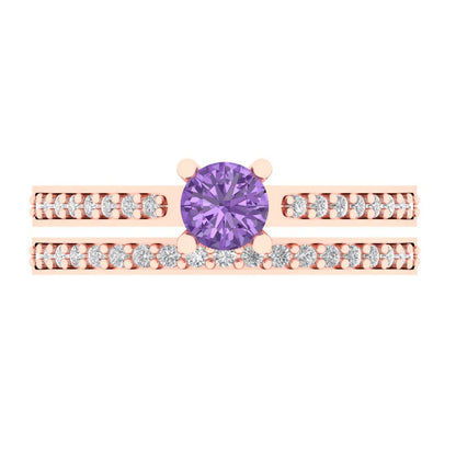 0.86 cttw Round Cut Simulated Alexandrite Bridal Set - Solid Rose Gold Engagement Ring & Wedding Band