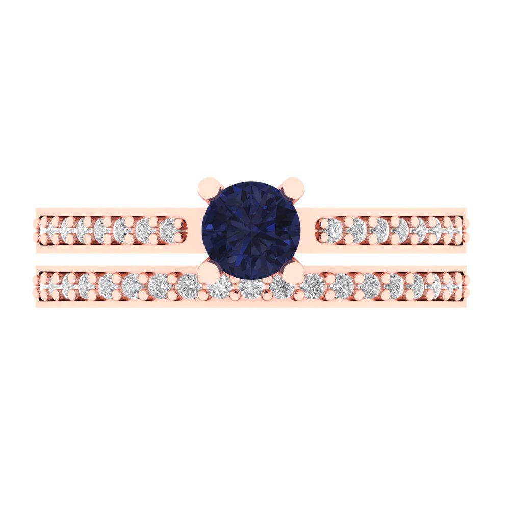 0.86 cttw Round Cut Simulated Blue Sapphire Bridal Set - Solid Rose Gold Engagement Ring & Wedding Band