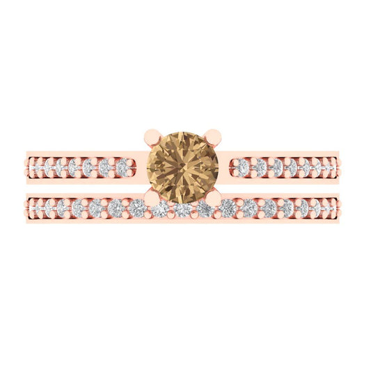 0.86 cttw Round Cut Simulated Champagne Diamond Bridal Set - Solid Rose Gold Engagement Ring & Wedding Band
