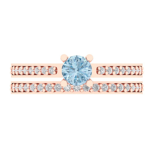 0.86 cttw Round Cut Natural Sky Blue Topaz Bridal Set - Solid Rose Gold Engagement Ring & Wedding Band