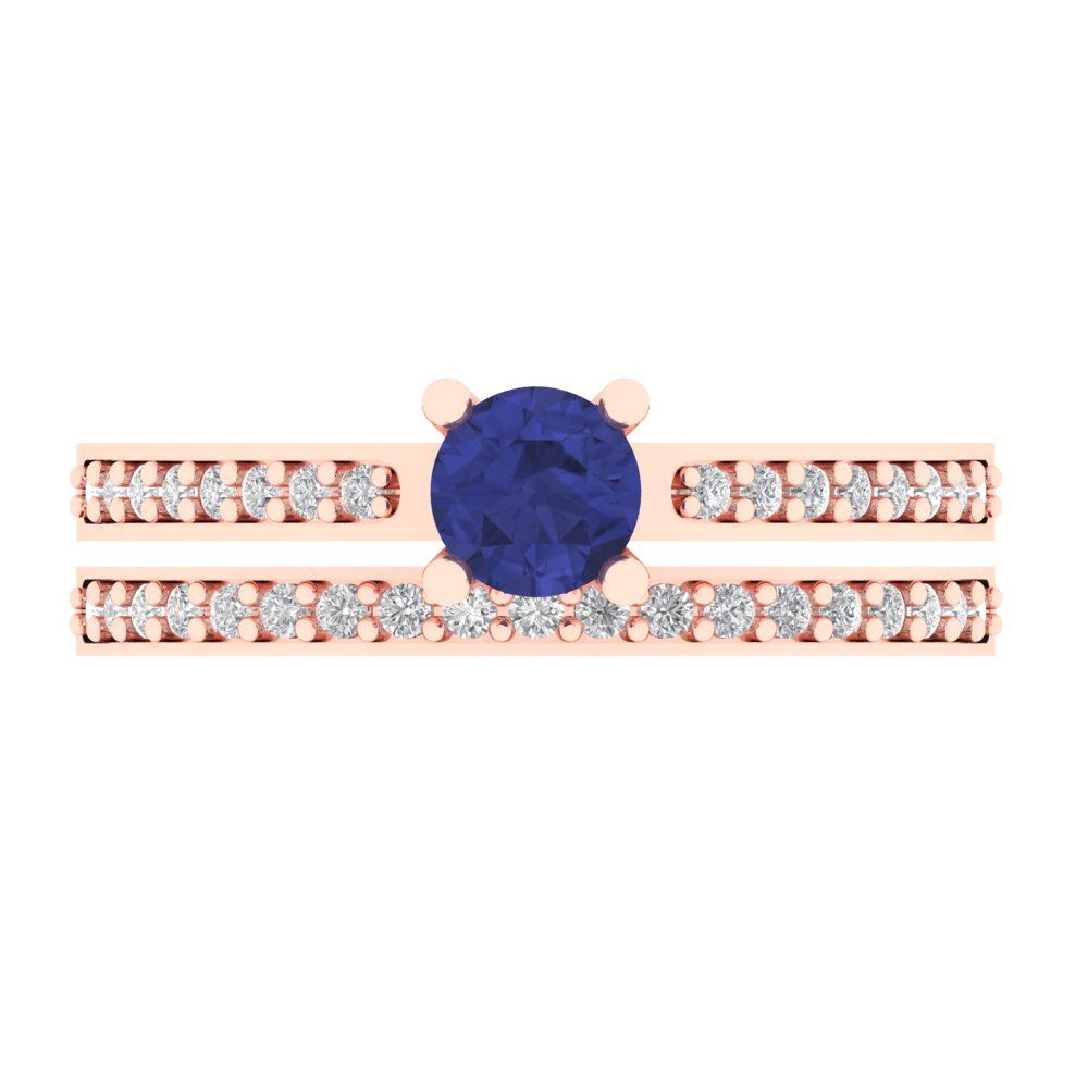 0.86 cttw Round Cut Simulated Tanzanite Bridal Set - Solid Rose Gold Engagement Ring & Wedding Band