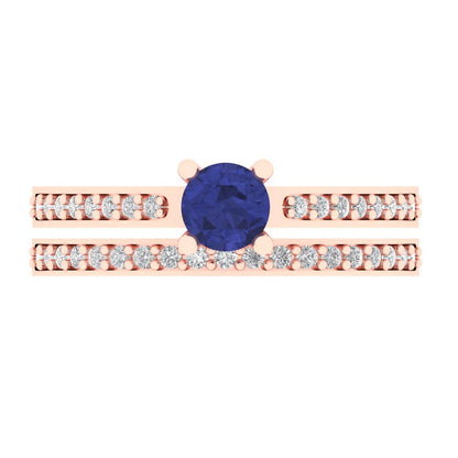0.86 cttw Round Cut Simulated Tanzanite Bridal Set - Solid Rose Gold Engagement Ring & Wedding Band