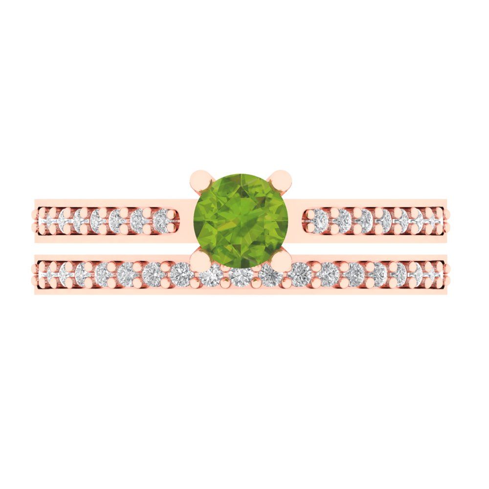 0.86 cttw Round Cut Natural Peridot Bridal Set - Solid Rose Gold Engagement Ring & Wedding Band