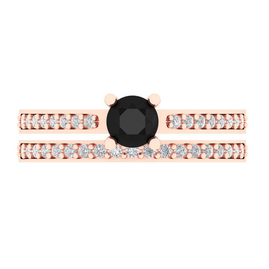 0.86 cttw Round Cut Natural Onyx Bridal Set - Solid Rose Gold Engagement Ring & Wedding Band