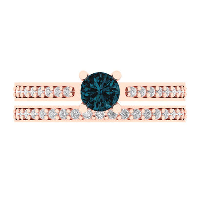 0.86 cttw Round Cut Natural London Blue Topaz Bridal Set - Solid Rose Gold Engagement Ring & Wedding Band
