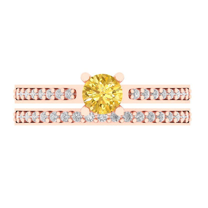 0.86 cttw Round Cut Natural Citrine Bridal Set - Solid Rose Gold Engagement Ring & Wedding Band