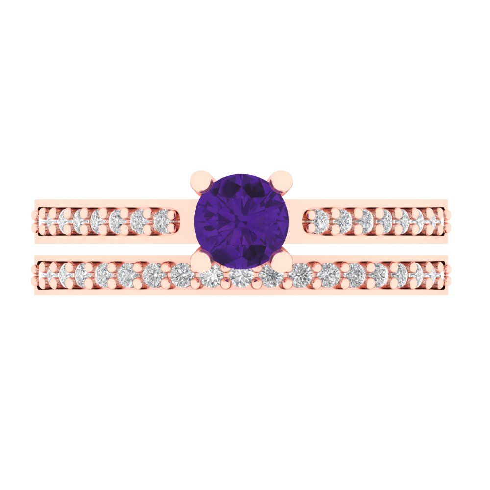 0.86 cttw Round Cut Natural Amethyst Bridal Set - Solid Rose Gold Engagement Ring & Wedding Band