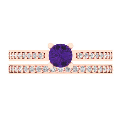 0.86 cttw Round Cut Natural Amethyst Bridal Set - Solid Rose Gold Engagement Ring & Wedding Band