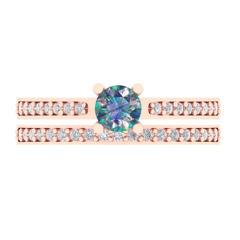 0.86 cttw Round Cut Blue Moissanite Bridal Set - Solid Rose Gold Engagement Ring & Wedding Band