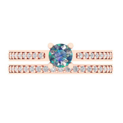 0.86 cttw Round Cut Blue Moissanite Bridal Set - Solid Rose Gold Engagement Ring & Wedding Band