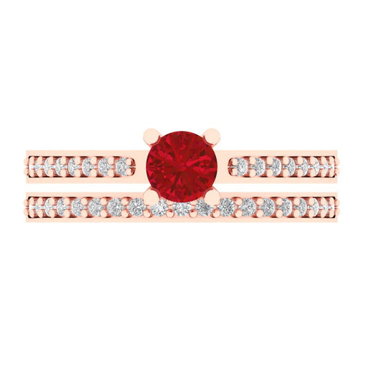 0.86 cttw Round Cut Simulated Ruby Bridal Set - Solid Rose Gold Engagement Ring & Wedding Band