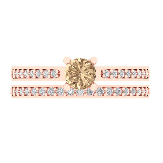 0.86 cttw Round Cut Yellow Moissanite Bridal Set - Solid Rose Gold Engagement Ring & Wedding Band