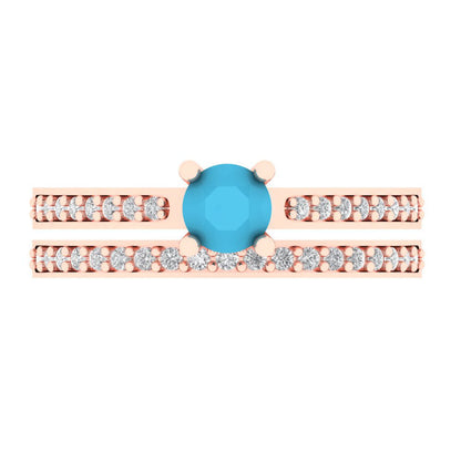 0.86 cttw Round Cut Simulated Turquoise Bridal Set - Solid Rose Gold Engagement Ring & Wedding Band