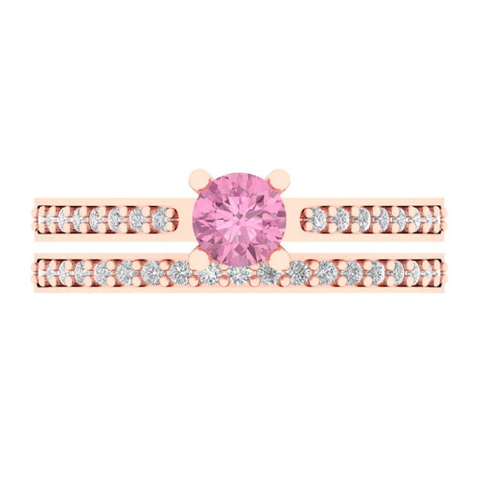 0.86 cttw Round Cut Simulated Pink Diamond Bridal Set - Solid Rose Gold Engagement Ring & Wedding Band