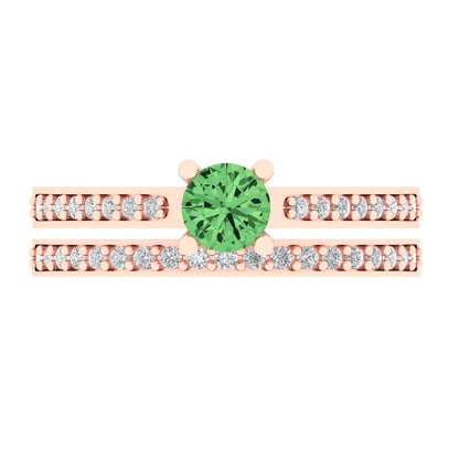 0.86 cttw Round Cut Simulated Green Diamond Bridal Set - Solid Rose Gold Engagement Ring & Wedding Band