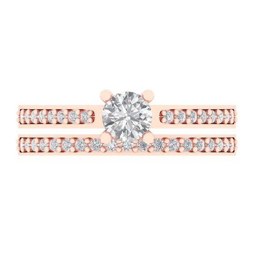 0.86 cttw Round Cut Zirconia Simulated Diamond Bridal Set - Solid Rose Gold Engagement Ring & Wedding Band