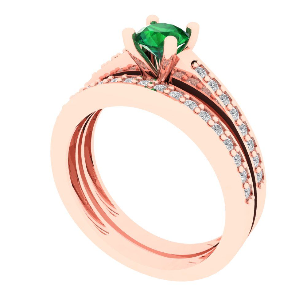 0.86 cttw Round Cut Simulated Emerald Bridal Set - Solid Rose Gold Engagement Ring & Wedding Band