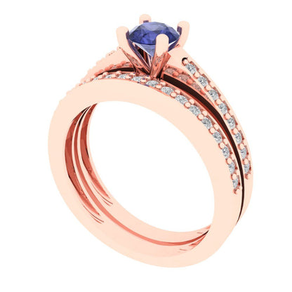 0.86 cttw Round Cut Simulated Tanzanite Bridal Set - Solid Rose Gold Engagement Ring & Wedding Band