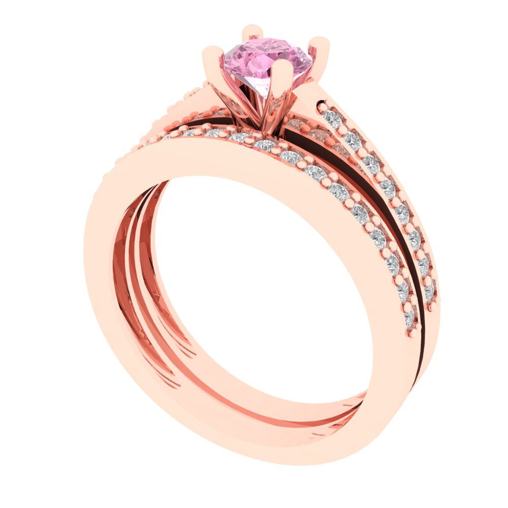 0.86 cttw Round Cut Simulated Pink Diamond Bridal Set - Solid Rose Gold Engagement Ring & Wedding Band
