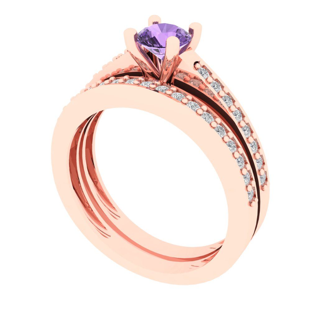 0.86 cttw Round Cut Simulated Alexandrite Bridal Set - Solid Rose Gold Engagement Ring & Wedding Band