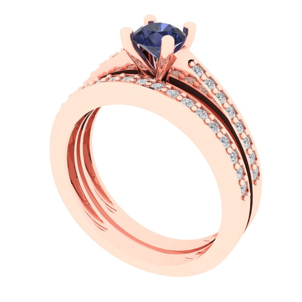 0.86 cttw Round Cut Simulated Blue Sapphire Bridal Set - Solid Rose Gold Engagement Ring & Wedding Band