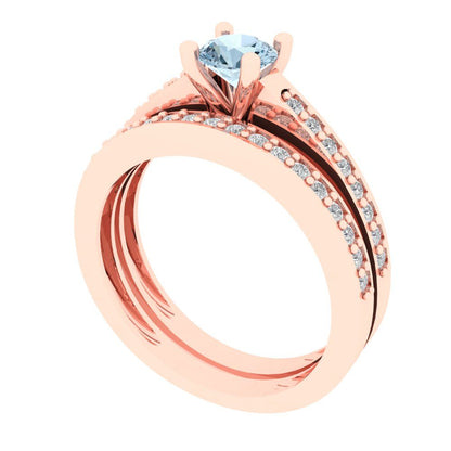 1.2ct Round Cut Pave Natural Aquamarine Designer Statement Ring Band set 14k Rose Gold