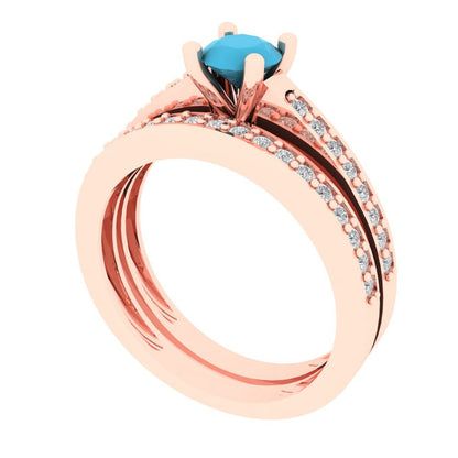 0.86 cttw Round Cut Simulated Turquoise Bridal Set - Solid Rose Gold Engagement Ring & Wedding Band