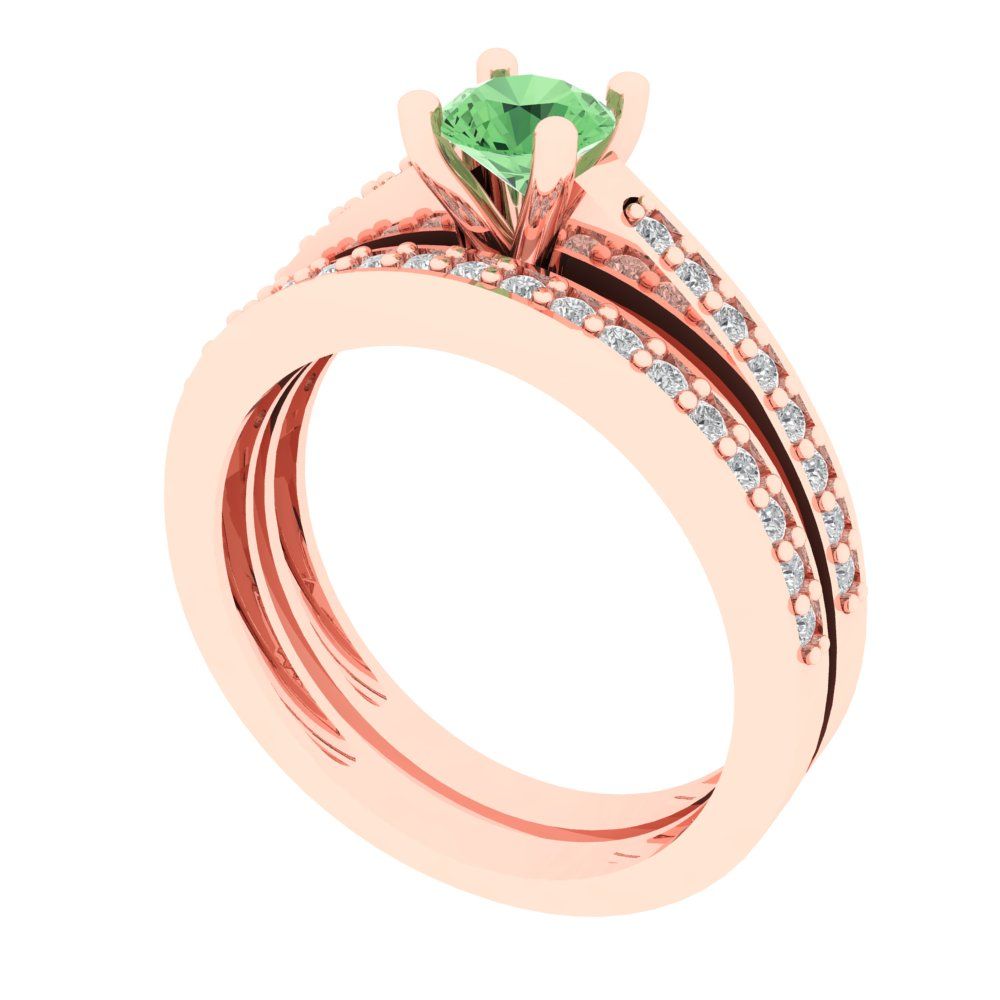0.86 cttw Round Cut Simulated Green Diamond Bridal Set - Solid Rose Gold Engagement Ring & Wedding Band