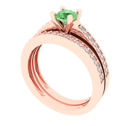 0.86 cttw Round Cut Simulated Green Diamond Bridal Set - Solid Rose Gold Engagement Ring & Wedding Band