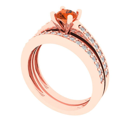 0.86 cttw Round Cut Simulated Red Diamond Bridal Set - Solid Rose Gold Engagement Ring & Wedding Band