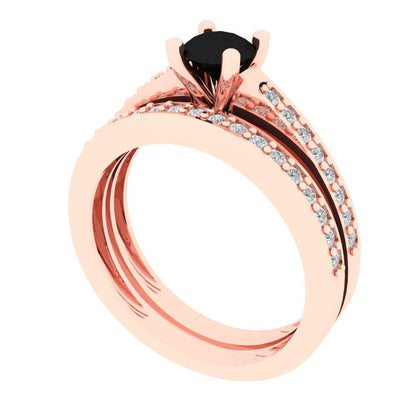 0.86 cttw Round Cut Natural Onyx Bridal Set - Solid Rose Gold Engagement Ring & Wedding Band