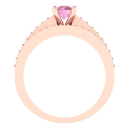 0.86 cttw Round Cut Simulated Pink Diamond Bridal Set - Solid Rose Gold Engagement Ring & Wedding Band