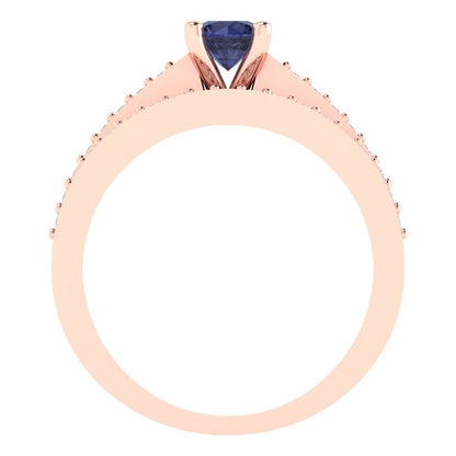 0.86 cttw Round Cut Simulated Blue Sapphire Bridal Set - Solid Rose Gold Engagement Ring & Wedding Band