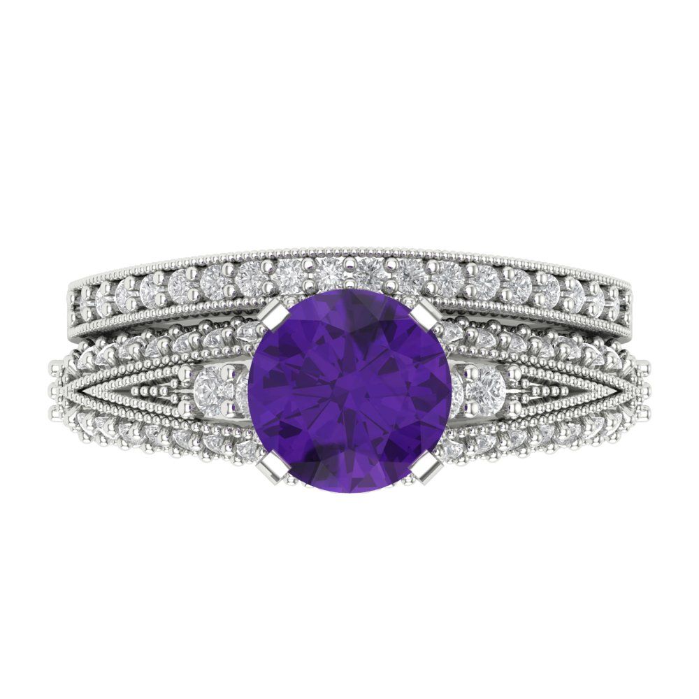 2.095 cttw Round Cut Natural Amethyst Bridal Set - Solid White Gold Engagement Ring & Wedding Band