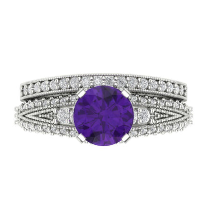 2.095 cttw Round Cut Natural Amethyst Bridal Set - Solid White Gold Engagement Ring & Wedding Band