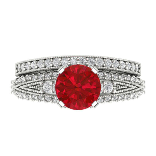 2.095 cttw Round Cut Simulated Ruby Bridal Set - Solid White Gold Engagement Ring & Wedding Band