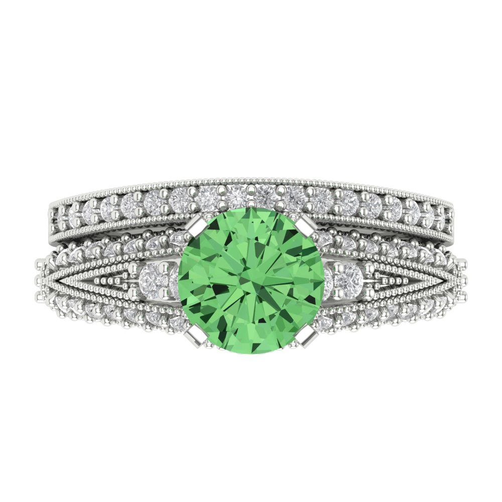 2.095 cttw Round Cut Simulated Green Diamond Bridal Set - Solid White Gold Engagement Ring & Wedding Band