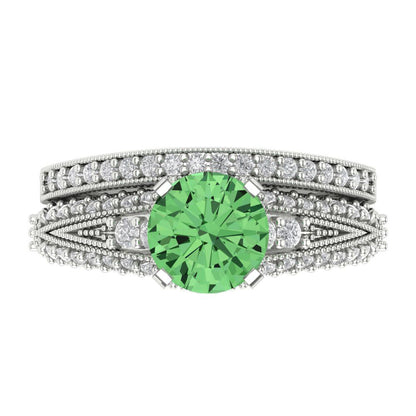 2.095 cttw Round Cut Simulated Green Diamond Bridal Set - Solid White Gold Engagement Ring & Wedding Band